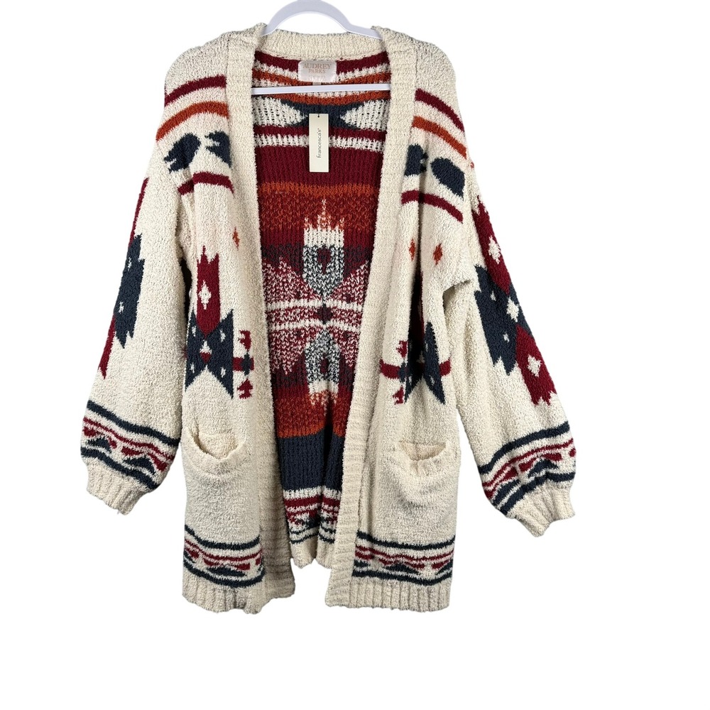 Audrey Parks Francesca's Womens XL Cardigan Southwest Aztec Fuzzy Sweater Soft